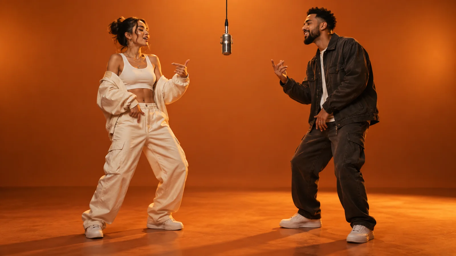 AI-generated concept artwork of two fictional adults sharing a microphone in an orange studio